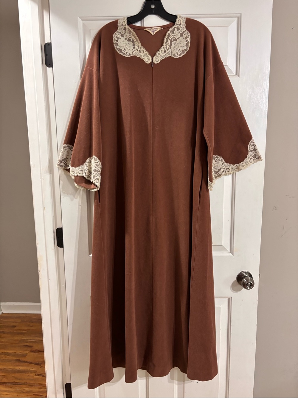 Vintage Vanity Fair Brown Lace-Trim Maxi Zip House Coat